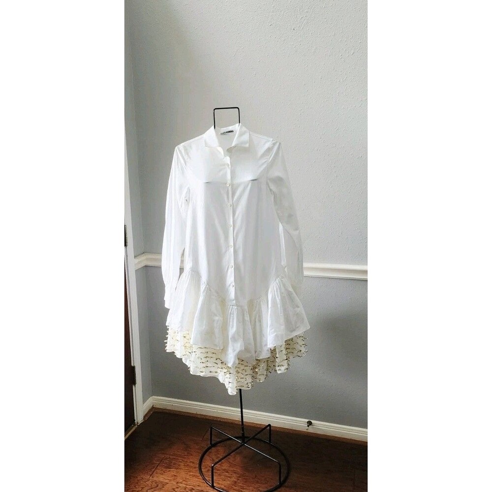 Anais Jourden White Gold Raffia Bows Accents Ruffle Runway Shirt Dress 36
